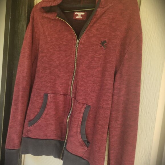 Express Men's Large Full Zip Burgundy Hoodie - Picture 3 of 8